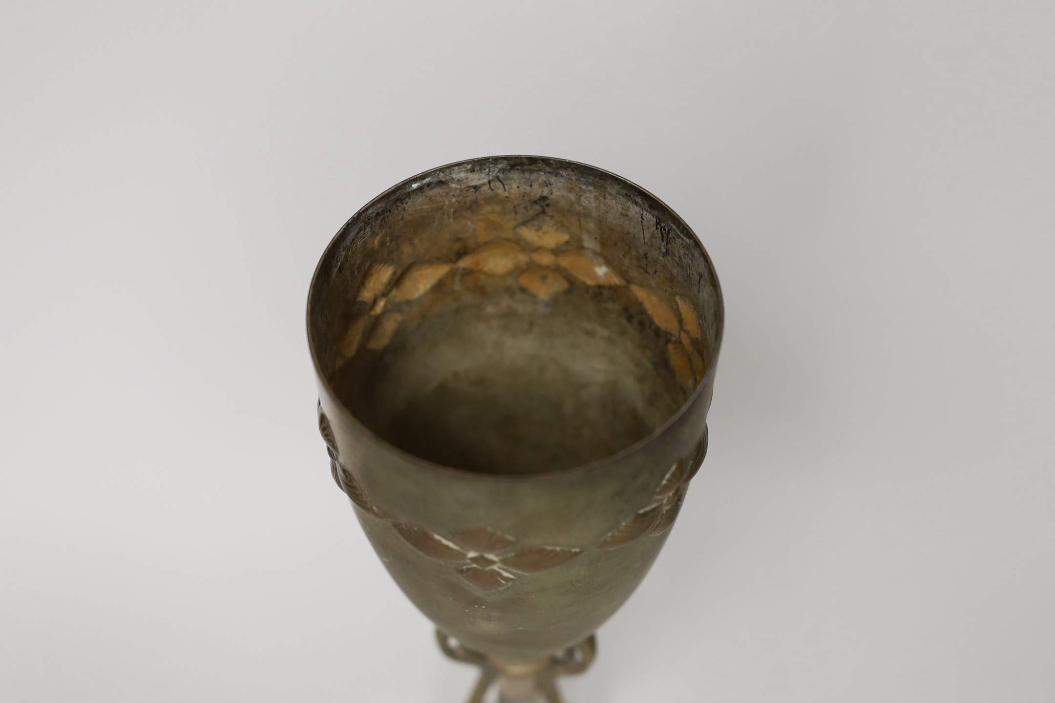 A WMF goblet vase with tri-stemmed base and central glass support. 31.5cm high